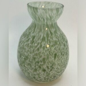 Art glass handmade green and white speckled pulled Blenko styled small vase